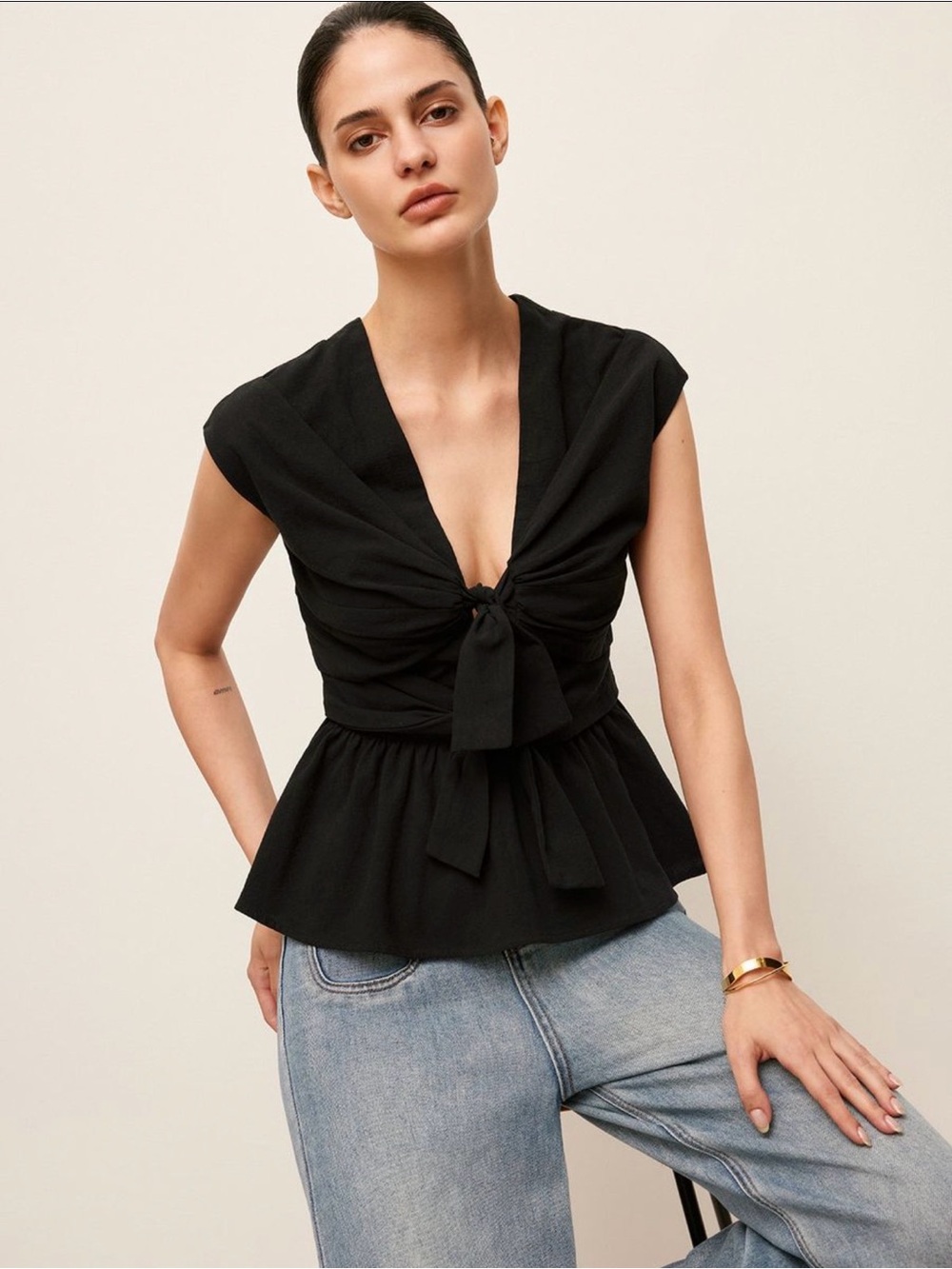 Commense Black Asymmetrical Tie-Front Women's Top Dress
